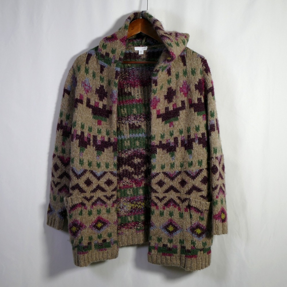 J Jill Southwestern Wool Blend Aztec Open Cardigan Size S Petite Hooded Pockets